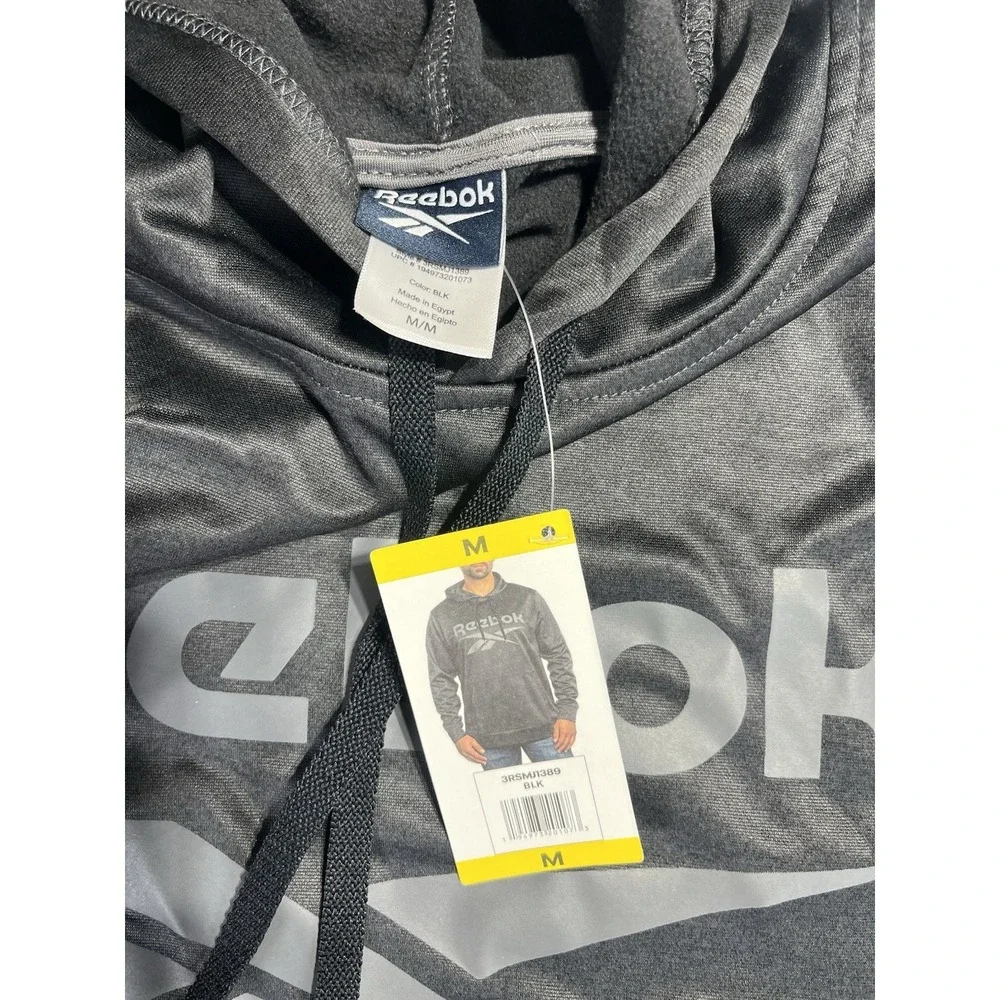 Reebok Hoodie Men Medium Black Graphic 100% Polyester Fleece Drawstring Pullover